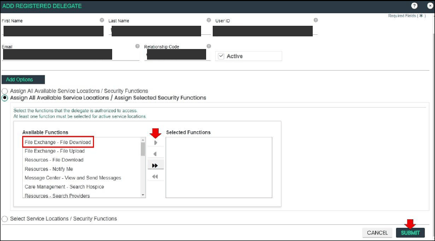 Assign Selected Security Functions with available and selected function lists and Submit
