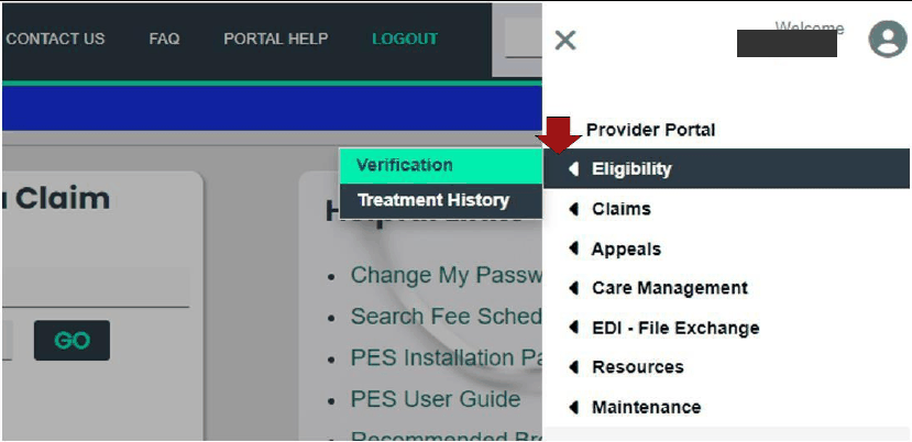 Eligibility menu with Verification highlighted