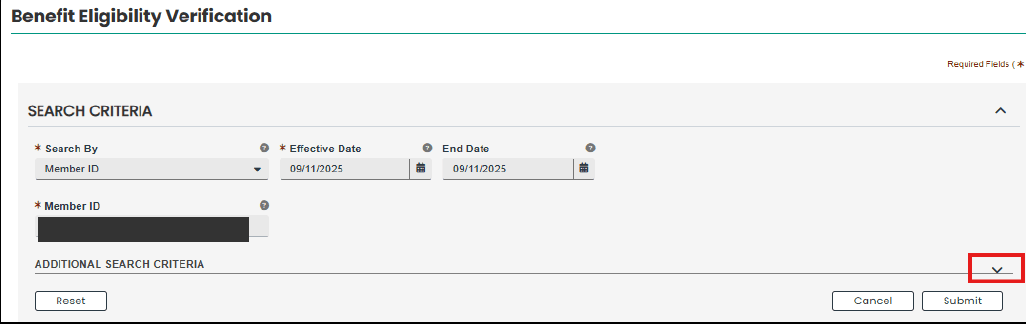Benefit Eligibility Verification with Search By, Effective Date, End Date and Submit