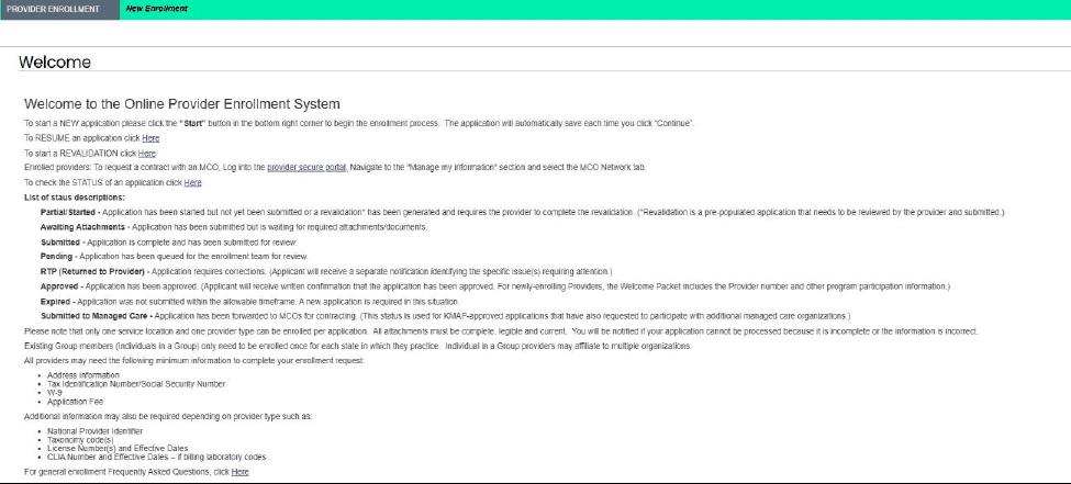 Online Provider Enrollment System welcome page with application and resume links