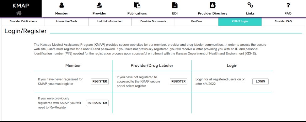 Login/Register with the Provider/Drug Labeler Register option and existing-user Login button