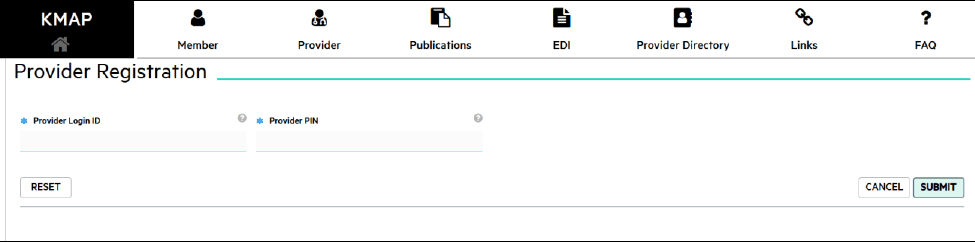 Provider Registration fields for Provider Login ID and Provider PIN, followed by Submit