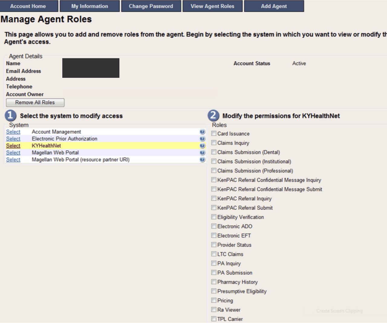 KYHealthNet role choices on the agent-permissions screen