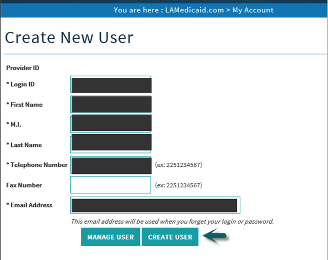 Create User form with Login ID, identity/contact fields and Manage User/Create User controls; sample details covered