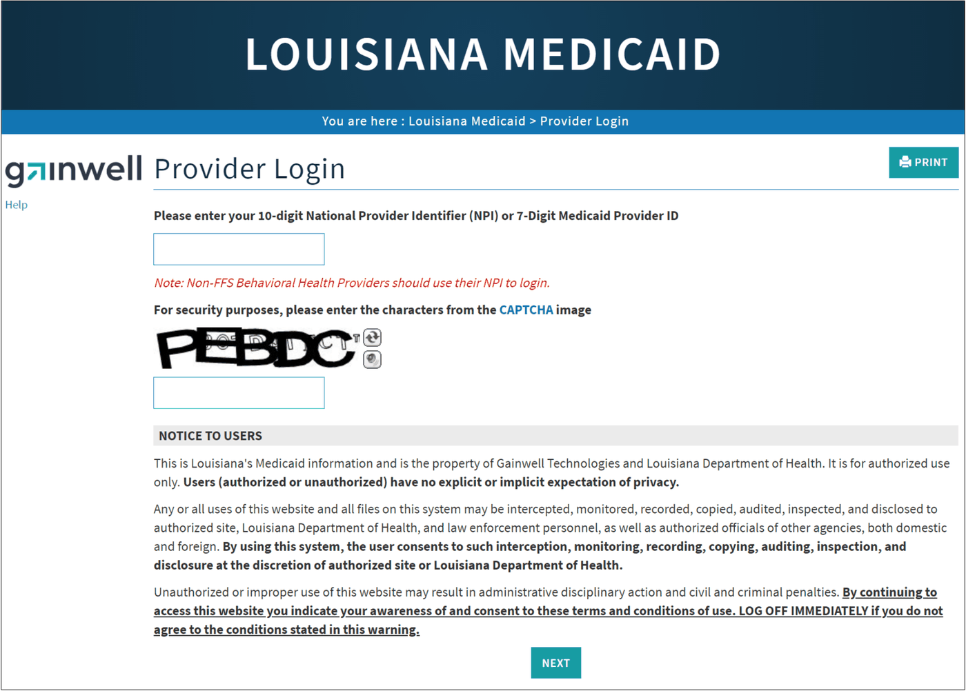 Provider ID or NPI field, CAPTCHA, security characters field and Next button