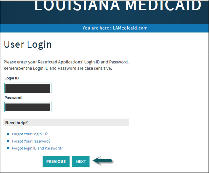 Personal Login ID and password fields with recovery links; sample credentials covered