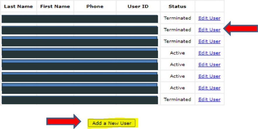 User table with Status and Edit User, followed by Add a New User; identity columns covered