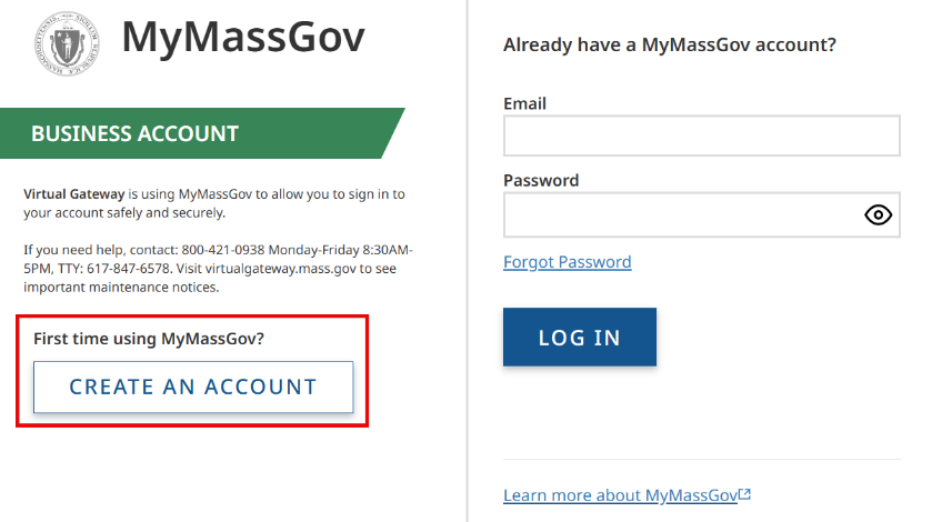 MyMassGov Business Account sign-in with Email, Password, Forgot Password, LOG IN and CREATE AN ACCOUNT.