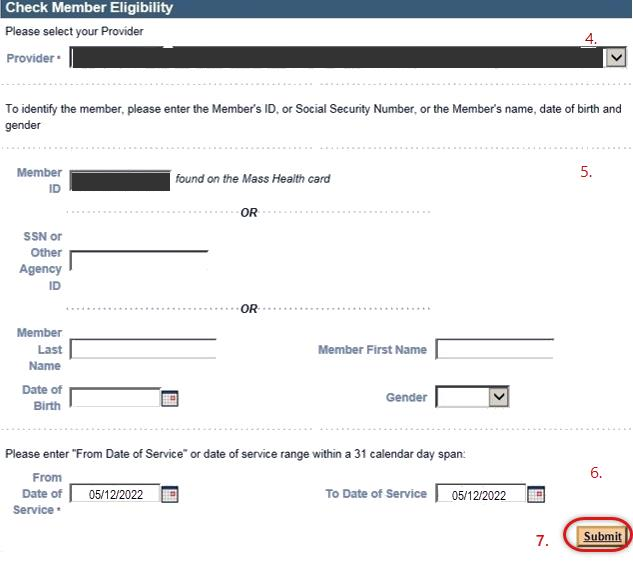 Check Member Eligibility form with Provider, member search fields, From and To Dates of Service and Submit.