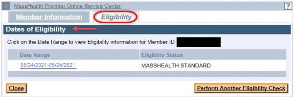 POSC Eligibility tab and Dates of Eligibility panel with Date Range, Eligibility Status, Close and Perform Another Eligibility Check.