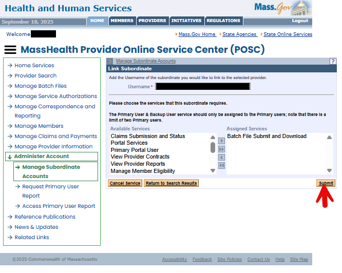 POSC Link Subordinate with Username, Available Services, Assigned Services and Submit.