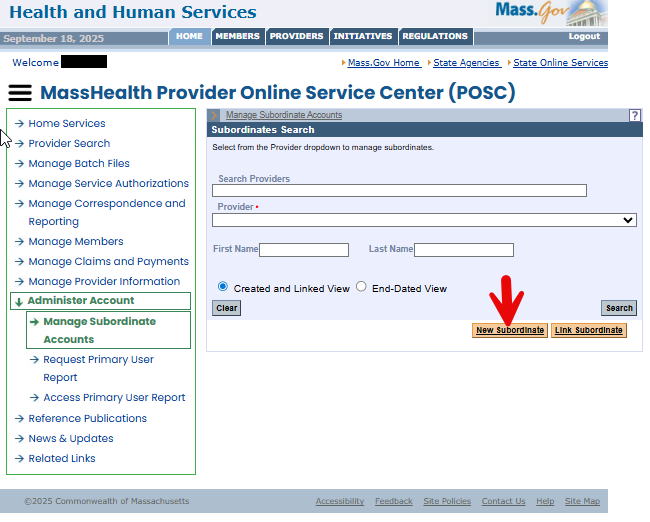 POSC Manage Subordinate Accounts with the Provider dropdown, New Subordinate and Link Subordinate.