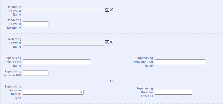Professional claim fields for Rendering Provider Name and Taxonomy, Referring Provider Name and Supervising Provider name, NPI and other ID.