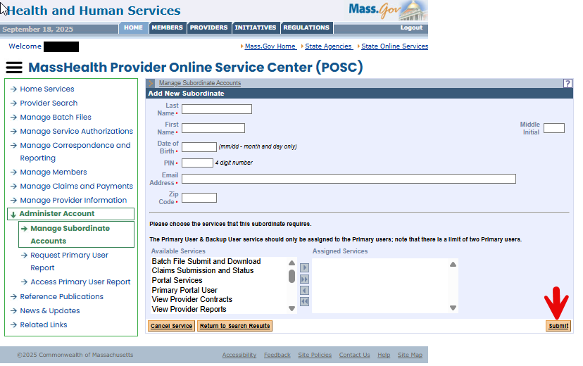 POSC Add New Subordinate with personal-information fields, Available Services, Assigned Services and Submit.
