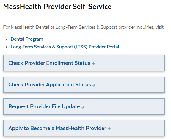 MassHealth Provider Self-Service with enrollment and application status, provider file update and Apply to Become a MassHealth Provider.
