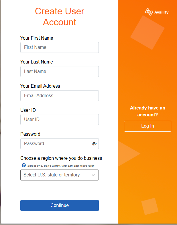 Create User Account with first name, last name, email, User ID, password, region and Continue