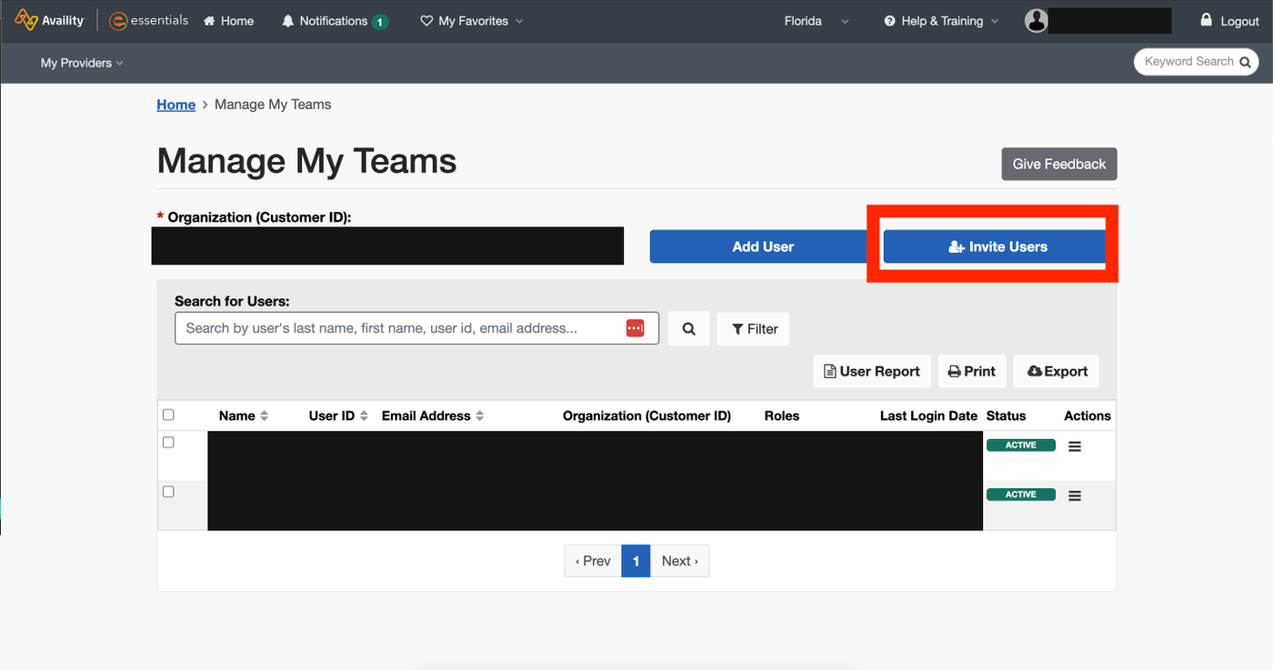 Manage My Teams with Add User and Invite Users; account name, organization and user rows covered by solid masks