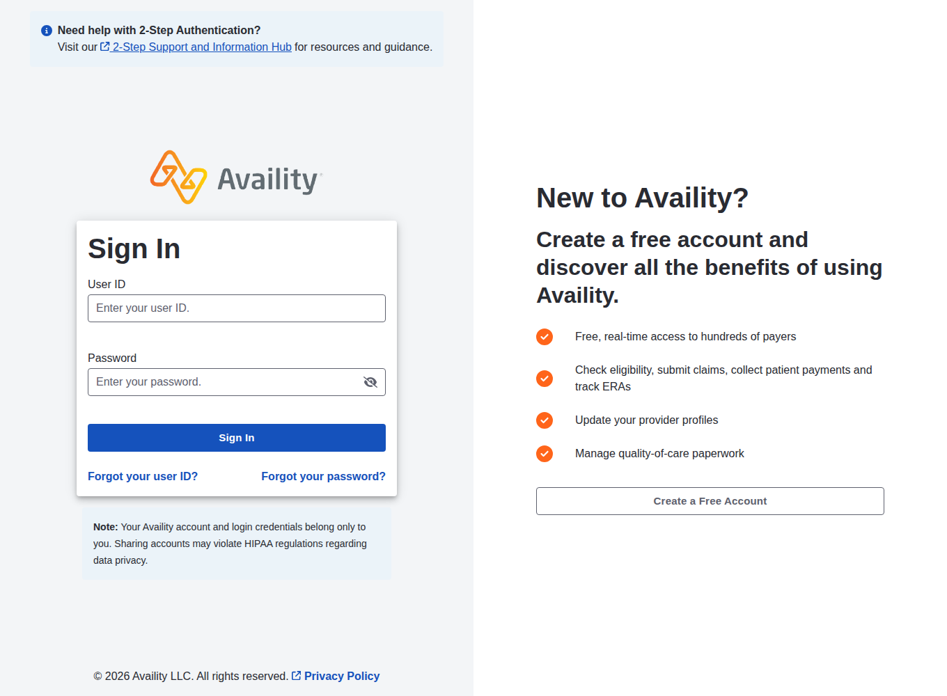 Availity Sign In with User ID, Password, Sign In, both recovery links and Create a Free Account