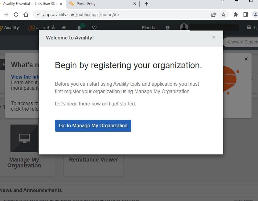 Welcome to Availity prompt with Go to Manage My Organization; signed-in name covered with a solid mask