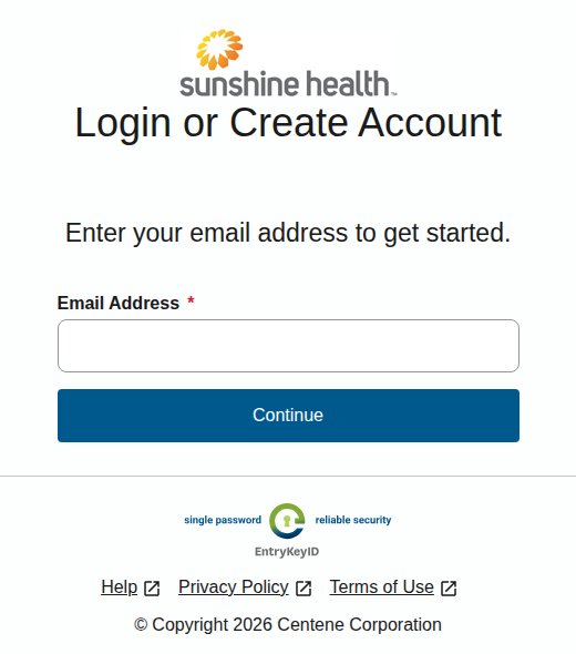 Sunshine Health Login or Create Account with a blank Email Address field, Continue and Help