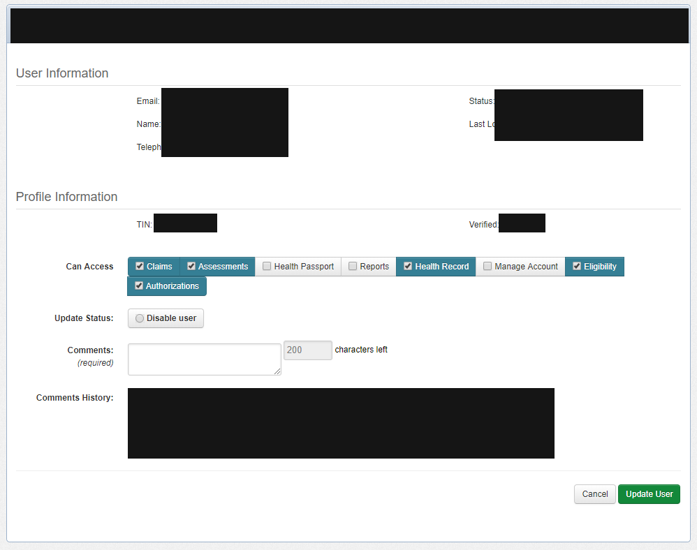 User permissions with Claims, Authorizations, Manage Account and Eligibility checkboxes and Update User; all identifying details covered with solid masks