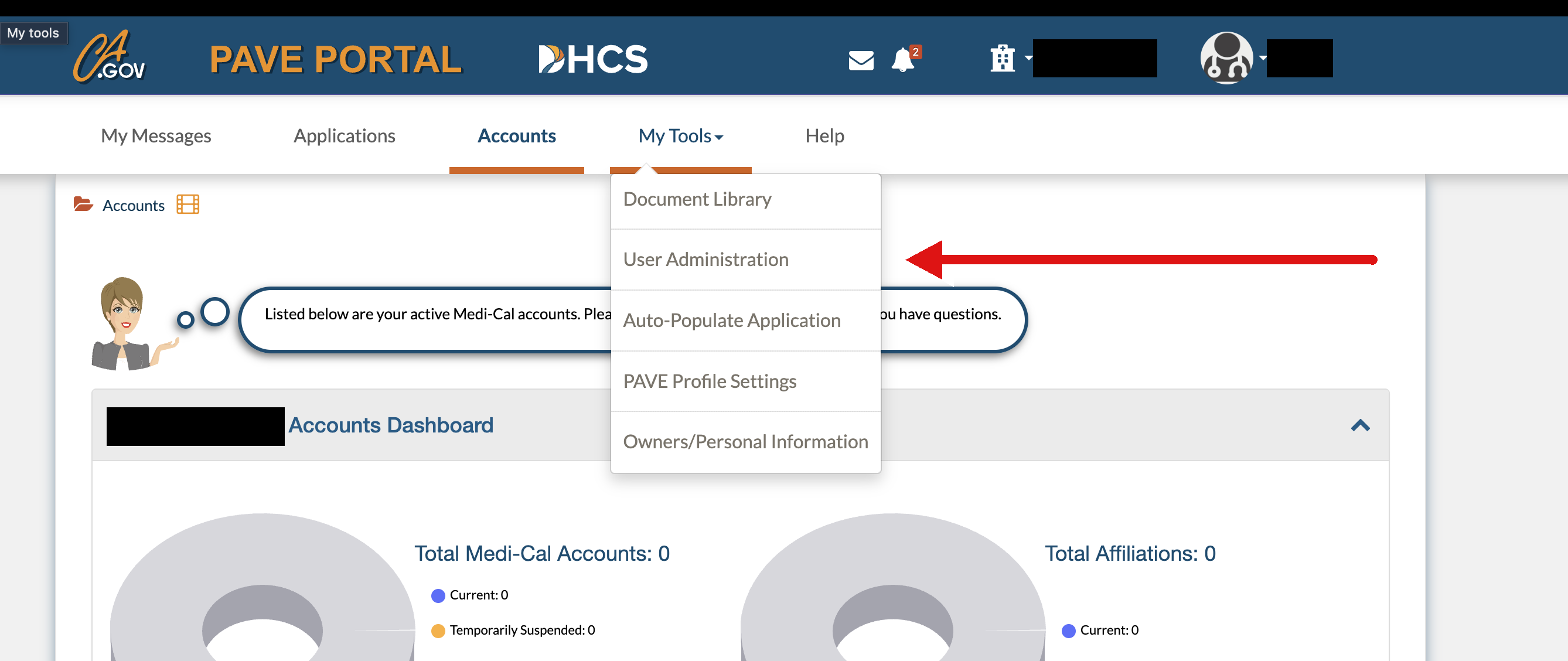 PAVE Portal with the My Tools menu open and a red arrow pointing to User Administration; identifying account details masked