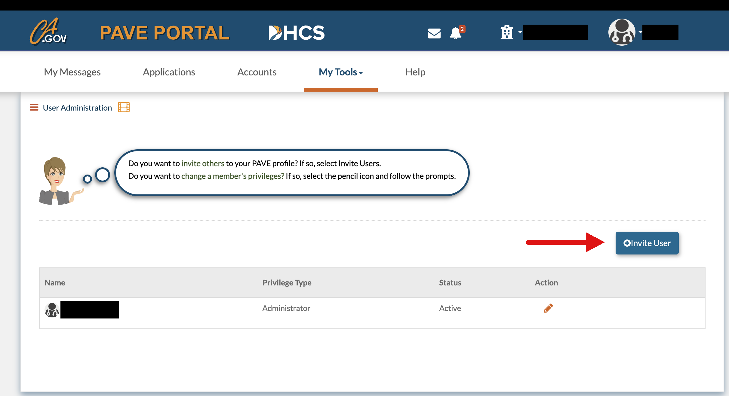 PAVE User Administration page with a red arrow pointing to the Invite User button; identifying account details masked