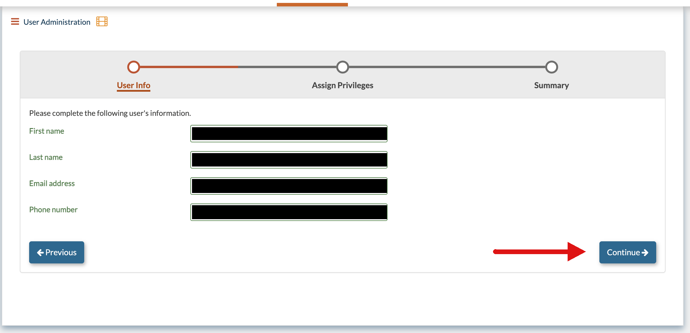PAVE Invite User form with First name, Last name, Email address and Phone number values masked, and a red arrow pointing to Continue