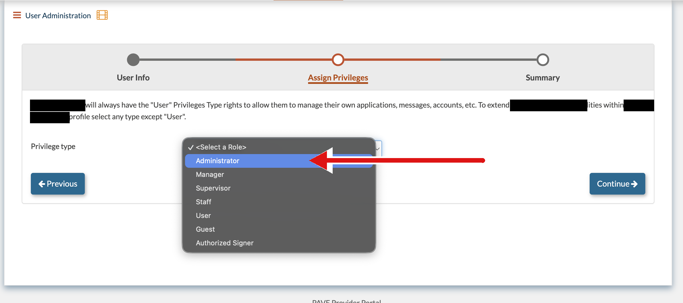 PAVE Assign Privileges step with the role dropdown open and a red arrow pointing to Administrator