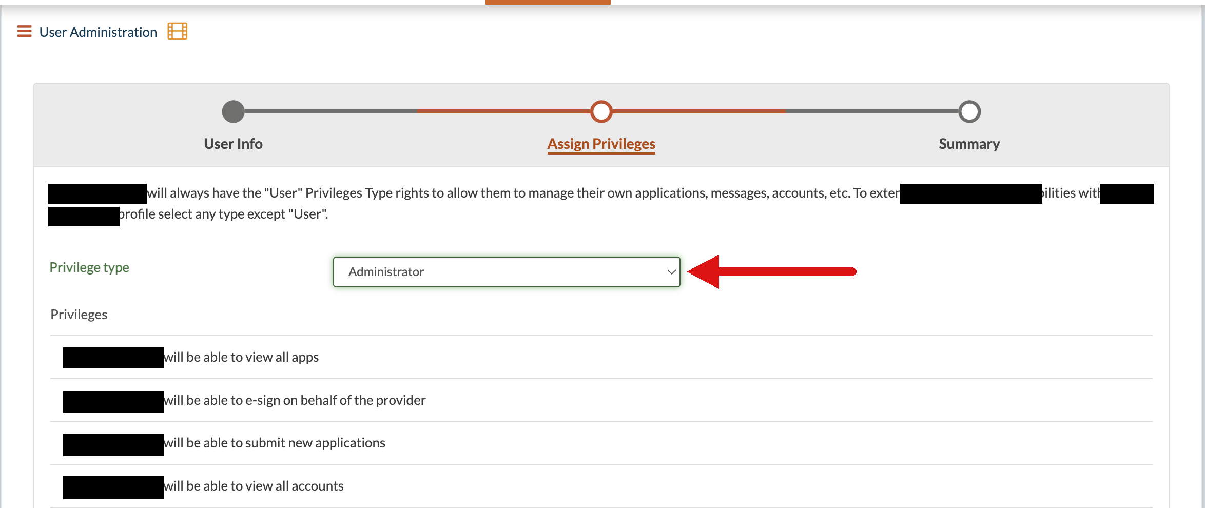 PAVE Assign Privileges step showing Administrator selected with its list of privileges
