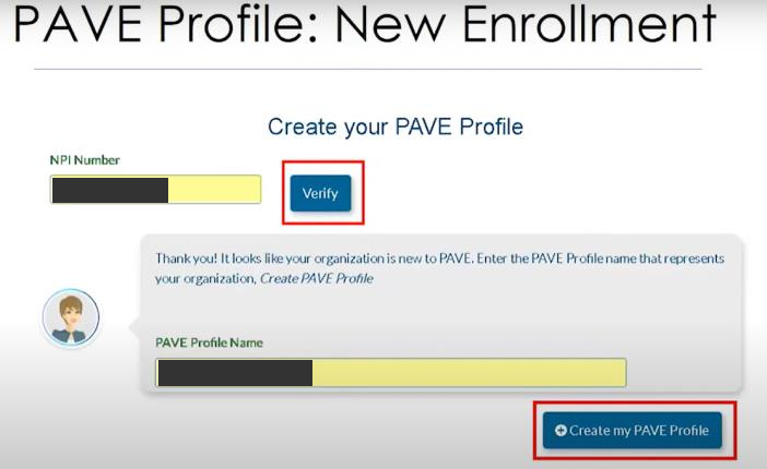 Create your PAVE Profile form with NPI Number, Verify, PAVE Profile Name and Create my PAVE Profile; sample identifiers masked