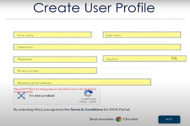 Create User Profile form with first and last name, username, password, confirmation, phone number, recovery email and Next