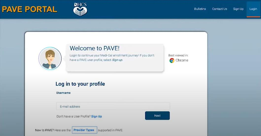 PAVE sign-in page with Username, email-address field, Next, Sign Up and Provider Types