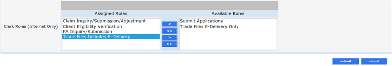 Clerk Roles panel with Assigned Roles, Available Roles, arrow controls, submit and cancel.