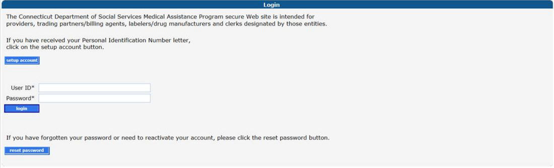 Login panel with setup account, User ID, Password, login and reset password controls.