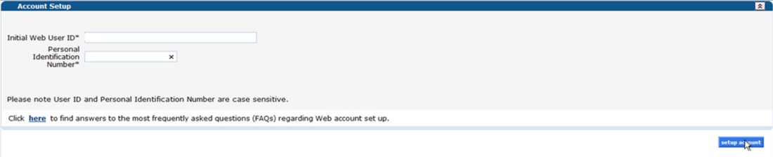 Account Setup fields for Initial Web User ID and Personal Identification Number, with the setup account button.