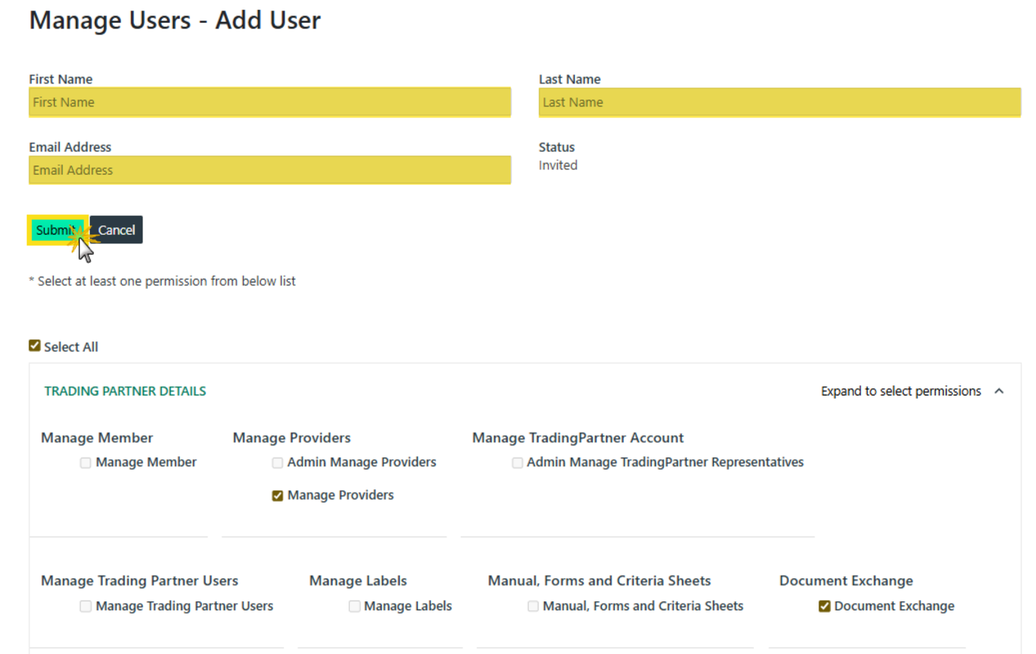 Manage Users - Add User form with name and email fields, Invited status, Submit and Cancel, and permission checkboxes.