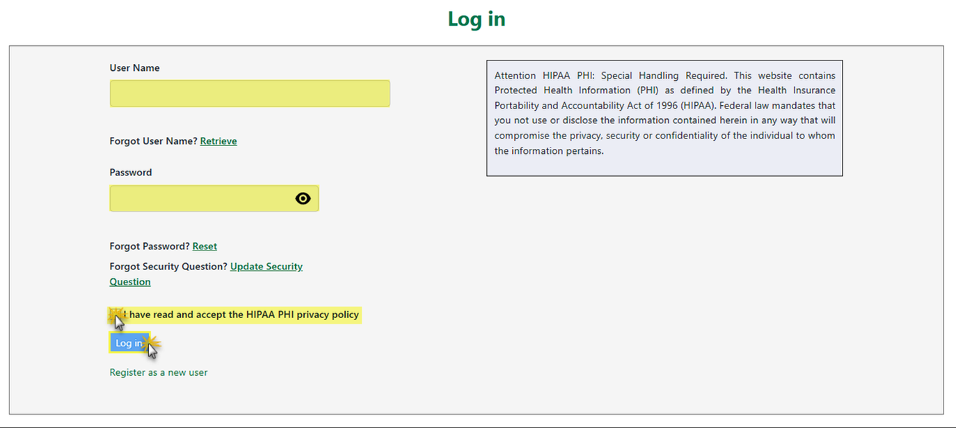 Log in panel with User Name, Password, recovery links, HIPAA privacy-policy checkbox, Log in and Register as a new user.