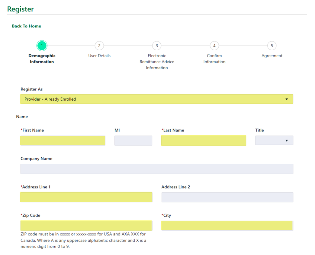 Register page with Provider - Already Enrolled selected and blank name, company, address, ZIP code and city fields.