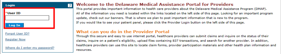 DMAP login panel with User ID, Log In, Forgot User ID, Register Now and Where do I enter my password links.