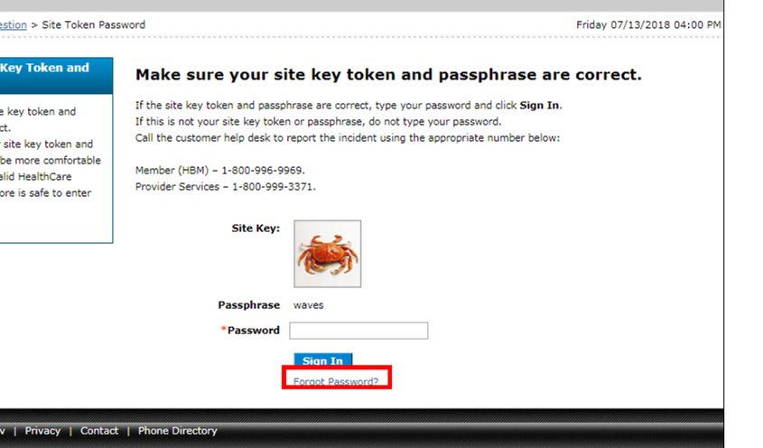 Site Key, Passphrase, blank Password field, Sign In and Forgot Password controls.