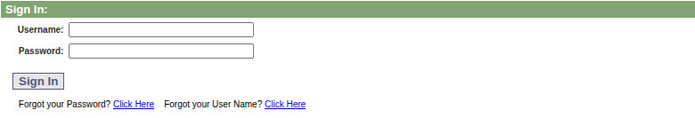 Sign In heading, Username and Password fields, Sign In button, and password and username recovery links.
