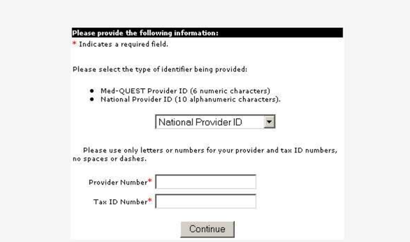 Provider identifier selector, Provider Number and Tax ID Number fields, and Continue.