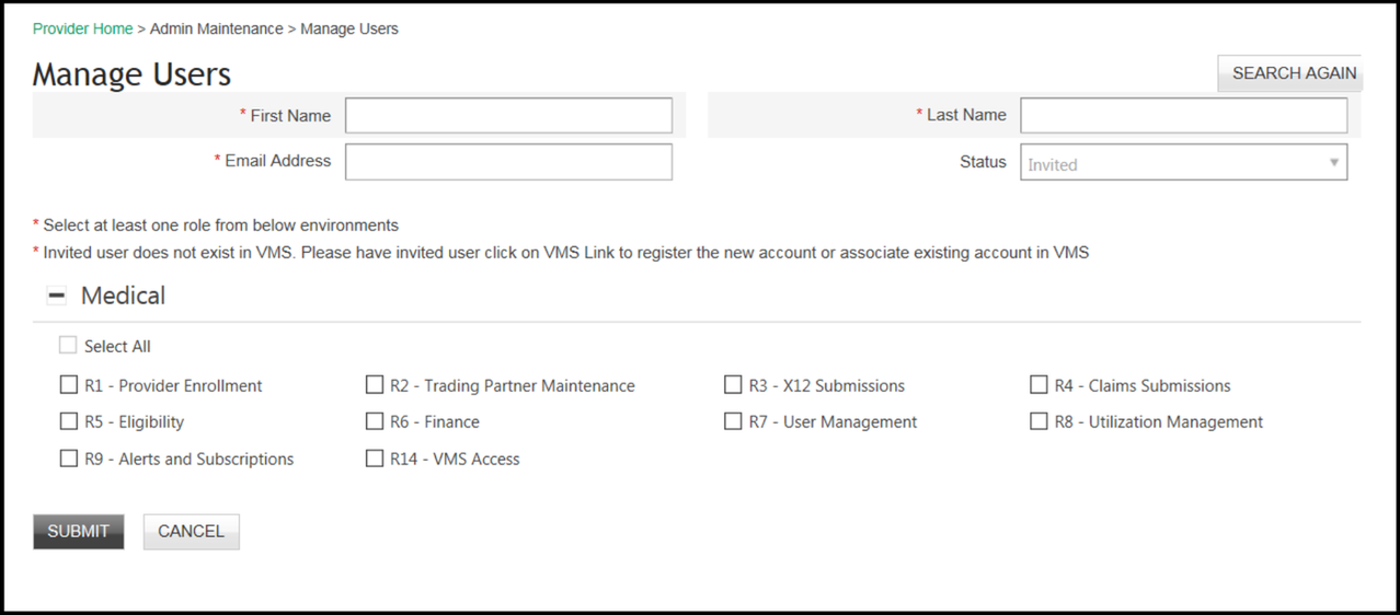 Manage Users form with first name, last name and email fields, Invited status, Medical role checkboxes, Submit and Cancel.