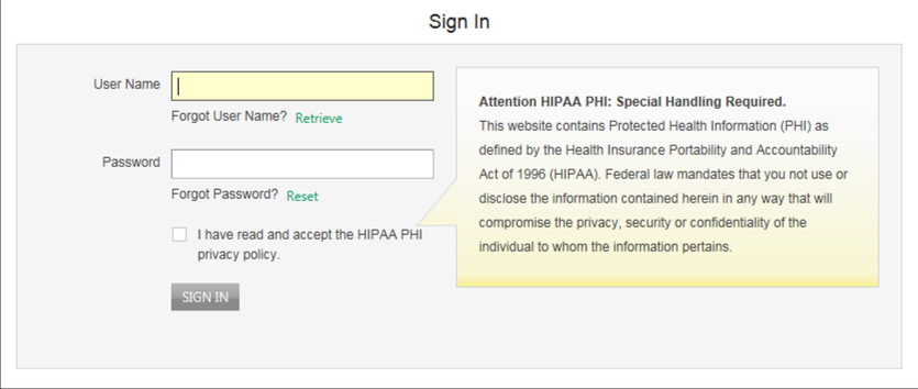 Sign In panel with User Name, Password, Retrieve, Reset, HIPAA privacy-policy checkbox and Sign In.