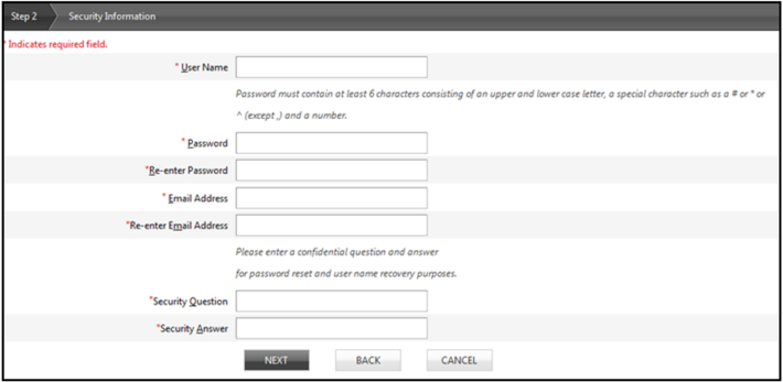 Security Information form with username, password and email confirmation, security question and answer, Next, Back and Cancel.