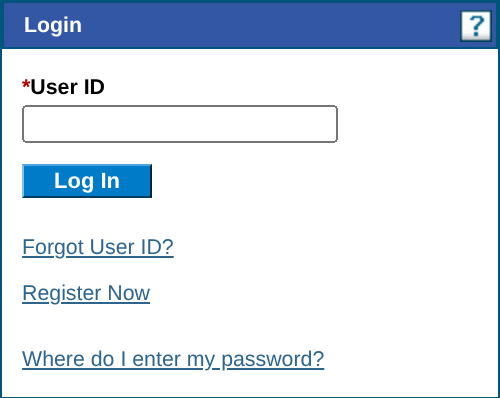 Login panel with User ID, Log In, Forgot User ID, Register Now and Where do I enter my password links.
