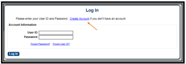 Log In form with User ID, Password, Create Account, Forgot Password, Forgot User ID and Log In.