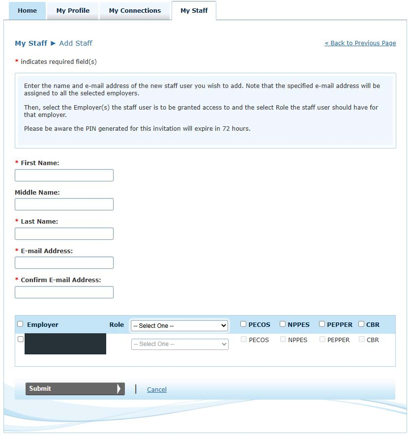 I&A Add Staff name and email fields, employer checkbox, role selector and PECOS checkbox
