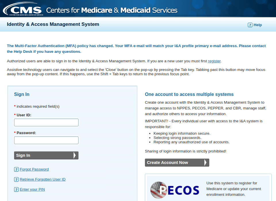 I&A Sign In user-ID and password fields, Forgot Password, Retrieve Forgotten User ID and Create Account Now